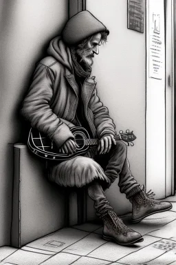 One single mature homeless bird with worn out clothes, sitting in a corner on the street, guitar standing on the left side, Vienna, mourning, model style, hyper realistic, extremely accurate, delicate, extremely detailed, Graphic novel style, wide-angle, open aperture, superfine pencil