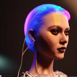 pretty british cyber woman, cold ambient, rain, fog, latex, cables, purpurin, black, gold, piercings, brown, decorative color feathers, circuits, neon style, a lot of led lights, fog, rain, vibrant color, highly detailed, art stations, concept art, smooth, unreal engine 5, god rays, ray tracing, RTX, lumen lighting, ultra detail, volumetric lighting, 3d, finely drawn, high definition, high resolution.