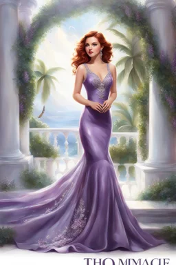 elegance, beautiful woman, 18 years old,front view, tiny, luxuriant, center, single luxuriant purple dress, red hair, render indoor palm, white background,32k, ultra high definition,realistic, white background, clipart, thomas kinkade, blushing, masterpiece, unique, breathtaking, Best Artist, Cinematography, Soft Lighting, Cute and well loved, Creative, Ultra detailed