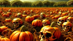 photorealistic, anatomically correct, various sizes, view of dozens of orange human skull pumpkin hybrids growing from a pumpkin vine in a large field, designed to look like a pumpkin patch, painted orange, growing off of a vine orange skulls, evil dead atmosphere, highly detailed, sharp focus, random two toned highlight, digital painting, artstaion, concept art, brooding, highly meticulous detail throughout image