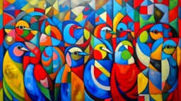 Journey Within the Mind, a painting of a group of people in different colors, a cubist painting, abstract expressionism, a surrealistic bird, eye, caravan