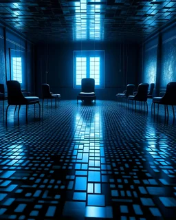 una sala pequeña y vacía, lo único que hay son cuarenta y dos sillas negras desordenadas por el espacio. Las paredes son de ladrillos negros, el suelo de linóleum gris brillante. La sala está inundada por agua azul cristalina con muchos reflejos. Hay La pequeña habitación está iluminada con focos de teatro con una luz tenue. El estilo es futurista