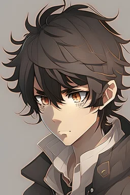anime male cartoon character,no mouth, white skin, black eyes, brown hair