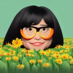 Edna Mode from the Incredibles lying in a field of flowers and watermelons, computer generated graphics