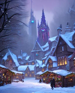 A magical snowy gothic warlock Christmas market with a large Christmas tree