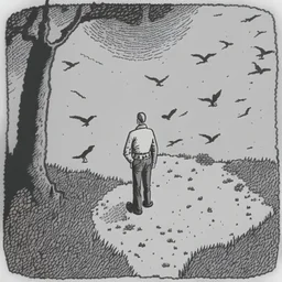 a alone man. pen and ink ,birds eye view, illustrated by hergé, Background space