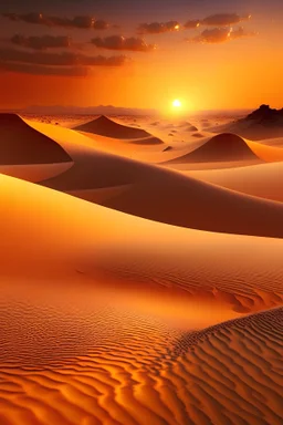 A realistic desert with sand dunes and a sunset