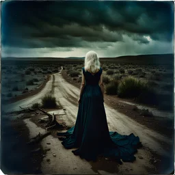 Photorealistic polaroid nothingness and distressing anguish old wooden landscape wasteland night Max Ernst, shot on Hasselblad, movie shot, details of the dress accentuated, nightmare, hypermaximalist, obsessive, hypnotic