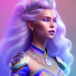 A portrait of a full body crystalised blue pink queen,smiling face, blue eyes, long blond hair, atmospheric, realistic, unreal engine, lighting