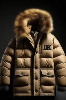 Men's coat that has fur and contains the word jiks