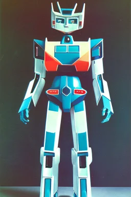 Foto retrato anime 1980 Transformer autobot, colorido, robot, su cara es de robot. Esvelto