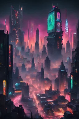 a dystopian city from extreme distance merging with Moloch, giant neon advertising