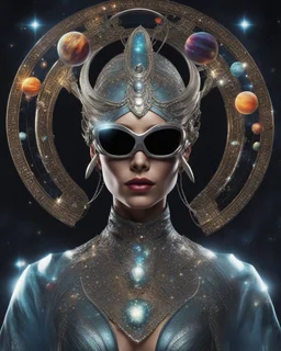 A captivating and vibrant portrait of an extraterrestrial being, perfectly suited for a futuristic cover. The alien sports a stunning metal headdress, with intricate designs that perfectly match his elegant silver face. Her retro-style oversized sunglasses are adorned with miniature stars and planets, accentuating her otherworldly charm. Against a dark cosmic void, the background displays a fascinating dance of vivid colors, evoking a sense of movement and cosmic energy. Full body