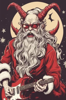 satanic santa claus with devil horns playing electric guitar