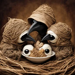 Close-up of Plague Doctor beak-masked babies snuggling in cozy natural root-woven teacup, surreal, yin-yang, by Anne Geddes and Tim Burton and Mia Makila, mind-bending realism, weirdcore, adorably strange, natural lighting