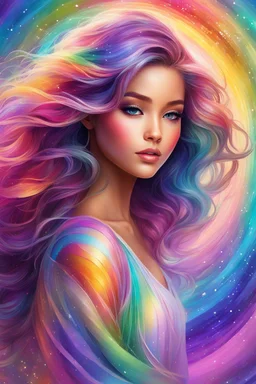 Digital painting style. Pastel hues adorn her every trace, A rainbow girl with a shimmering embrace, Her eyes, glistening with dreams and grace, A vision of magic, lighting up any space. highly detailed, adorable digital painting, colored ink, beautiful artwork, 4k, high quality