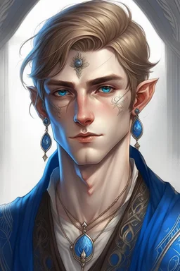 a wealthy half-elf young man with pointy ears and blue eyes, wears lots of jewelry, pale skin