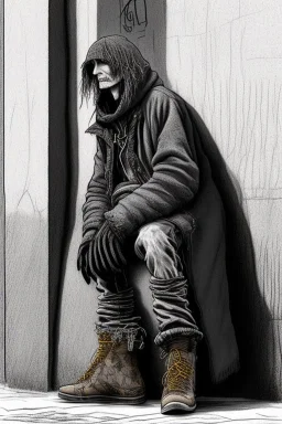 One single mature homeless crow with worn out clothes, sitting in a corner on the street, guitar standing on the left side, Vienna, colours mourning, model style, hyper realistic, extremely accurate, delicate, extremely detailed, Graphic novel style, wide-angle, open aperture, superfine pencil