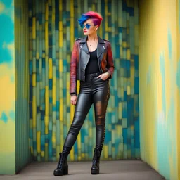 full body portrait -- an absolutely stacked female strawberry with pixie-cut hair, a perfect hourglass figure, perfect face, wearing a studded, black leather biker's jacket and pants with 12-inch platform boots and goggles, bright, colorful, multicolored, watercolor stained wall in the background