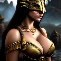 ultra detailed fullbody Portrait in oil on canvas of a beautiful busty woman with Skyrim Dragon priest mask and armor,extremely detailed digital painting, extremely detailed face,crystal clear Big eyes, mystical colors ,perfectly centered image, perfect composition,rim light, beautiful lighting, 8k, stunning scene,extremely sharp detail, finely tuned detail, ultra high definition raytracing, in the style of robert e howard and pablo oliveira and Ken Kelley and Ohrai Noriyoshi and Simon Bisley