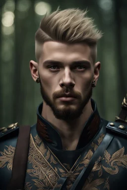 photorealistic hyperdetailed portait of 20-year-old german male, as mercenary with long blonde undercut hair, tribal tattoos and neatly trimmed beard wearing modern mercenary uniform dark fantasy forest backdrop