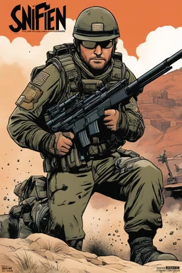 SNIFFIN’ GLUE magazine illustration cover by Möbius : special issue #42 on sniper action and weaponry. guest star: Sergeant JT Sanborn, The Hurt Locker.