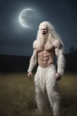 an extremely muscular, extremely hairy, long-haired albino werewolf in a field, Extreme reality, photorealistic, realistic, lifelike, Absolute reality, Botany, Starry, Moon lit, Retro Pop, Dark Fantasy, Horror, Festive, Realistic - 32k, UHD, professional quality, 8 x 10 digital photograph