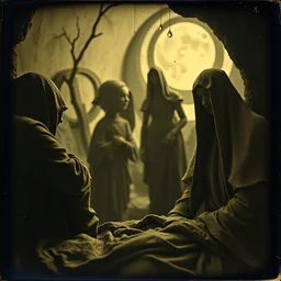 Daguerrotype close up some mysterious figures, odd background, Hieronymus Bosch Max Ernst ambient light, by Minicavio Quollati and Marlost Endgulp, Amano, Botticelli, Alphonse Mucha