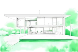 Make a hand drawing from a modern cubic house with a big green garden