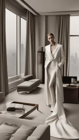 a woman standing in a room next to a table, vman magazine, wearing dramatic aristocrat robe, long - tailed tuxedo coat, deep stillness and silence, body harness, hotel room, elegant girl in urban outfit, slender girl, glass walls, magazine article