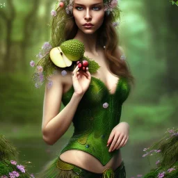 delicate hands with apple, upper body of dark celtic selda, fast walker, as a brunette young cute feminine woman, short hair, green forest background, pond, mega flowers,peacock,sun light