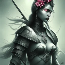 lady warrior with white top and black eyes and flower