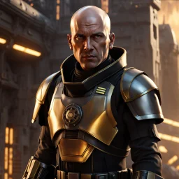 star wars bald male corellian pilot wearing pearlescent black and gunmetal grey First Order special forces heavy assault stealth commando armor and helmet with gold trim inside the jedi temple, hyperdetailed, dynamic lighting, hyperdetailed background, 8k resolution, volumetric lighting, light skin, fully symmetric details