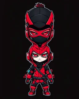 dibujo de contorno de un Ninja Chibi negro y rojo con traje cyberpunk, full body, fondo de ciudad, pies completos