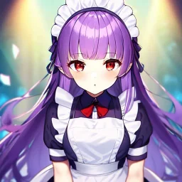 Clear focus, 8k, beautiful lighting, vibrant colors, girl, purple hair, long hair, red eyes, messy hair, loli, maid, twins,