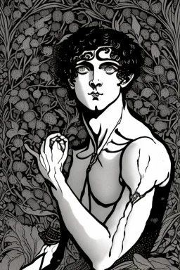 Black haired blue eyed freckled young male satyr alchemist in the style of aubrey beardsley