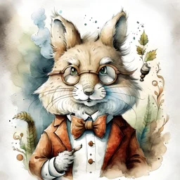 Craft a captivating watercolor illustration featuring a squirrel that bears a striking resemblance to the esteemed physicist Albert Einstein. Envision the squirrel adorned with Einstein's trademark bushy white hair and mustache, clad in attire reminiscent of Einstein's iconic style. The squirrel should be depicted in full-body form, gazing directly at the viewer with a determined expression. Illustrate the squirrel raising its pointer finger to the air, symbolizing the birth of a groundbreaking