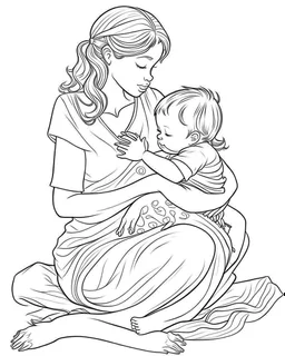 mother with her child coloring page, full body (((((white background))))), only use an outline., real style, line art, white color, clean line art, white background, Sketch style