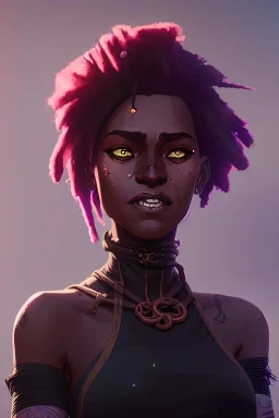 portrait,beautiful black woman, smiling, long hair, post-apocalyptic in a cyberpunk city, realistic, intriacte detail, sci-fi fantasy style, volumetric lighting, particales,highly detailed,cinamatic, deep colours,8k