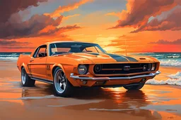 realistic 1970s BOSS 302 orange mustang in beach, intricated details, sunset, painting style, dramatic lighting