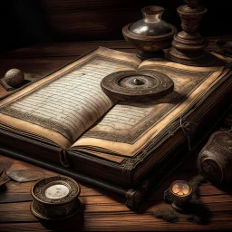 un grimoire ouvert posée sur une table, fantasy style