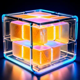 a futuristic translucent neurocube, inside the cube there are partitions made of honeycomb plates