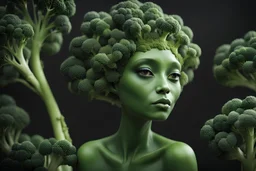 Красивая зелёная инопланетянка с брокколи-подобными волосами, зелёной кожей; фотографичность