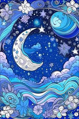 Imagine a starry night sky filled with whimsical elements like crescent moons, shooting stars, and fluffy clouds. Create a design that captures the magic of a dreamy night, leaving room for coloring the sky in calming blues and purples while adding a touch of enchantment to the celestial elements for coloring book in line art