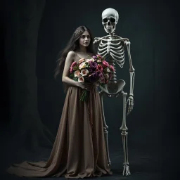 woman in a long dress standing next to a skeleton holding a bouquet of flowers, gothic setting, dark fantasy, photorealistic. 4k