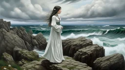 A woman in a traditional white dress with a patterned hem stands on a rocky shore, looking out at a vast, choppy sea under a dramatic, cloudy sky. The landscape is rendered in earthy tones with hints of green and blue, and scattered rocks dot the foreground and midground. The woman's long, dark hair flows in the wind, and she is adorned with necklaces and a headpiece. The overall mood is one of solitude and contemplation against a powerful natural backdrop.