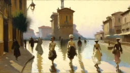 a painting of people walking down a street next to a body of water by Telemaco Signorini, featured on pixiv, american barbizon school, academic art, cityscape, henry moore