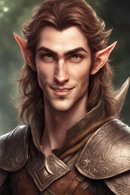 male Elven warrior with big eyes, brown hair, and a mischievous lopsided smile