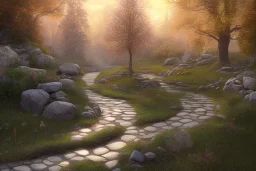  winding stone path lit river