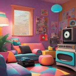 estilo pixar, imagem de uma sala com decoração estilo anos 80